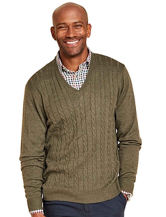 Cashmere Like V Neck Cable Sweater - Forest Green