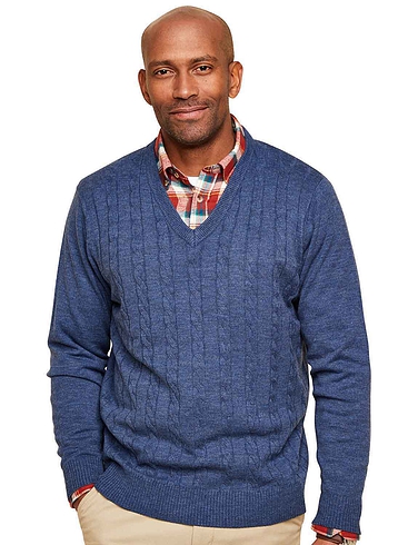 Cashmere Like V Neck Cable Sweater - Navy