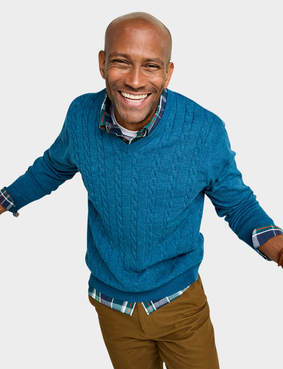 Cashmere Like V Neck Cable Sweater Navy