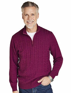 Pegasus Quarter Zip Cashmere Like Cable Knit Sweater Berry
