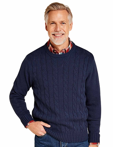 Pegasus Wool Blend Cable Crew Sweater - Navy