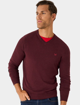 Crew Clothing Organic Cotton V Neck Jumper Burgundy