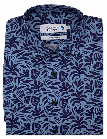 Double Two Short Sleeve Floral Print Shirt - Blue