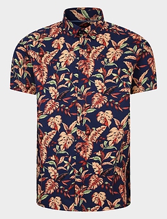 Lizard King Printed Short Sleeve Palm Leaf Print Shirt Navy