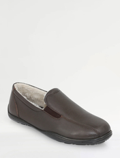Leather Wide Fit Sherpa Lined House Shoe Brown