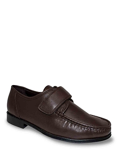 Pegasus Leather Wide Fit Touch Fasten Moccasin Shoes - Brown