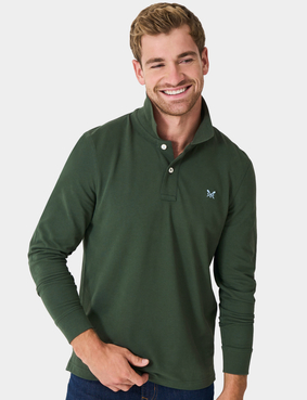 Crew Clothing Long Sleeve Pique Polo Forest Green